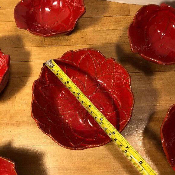 Set of 7 Red Leaf Poinsettia Serving Bowls Ceramic Glazed Holiday Christmas - Picture 6 of 10